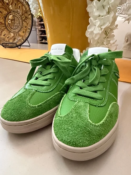 Michael Kors Bright Green Leather & Suede Lace-Up Sneakers - Picture 3 of 7